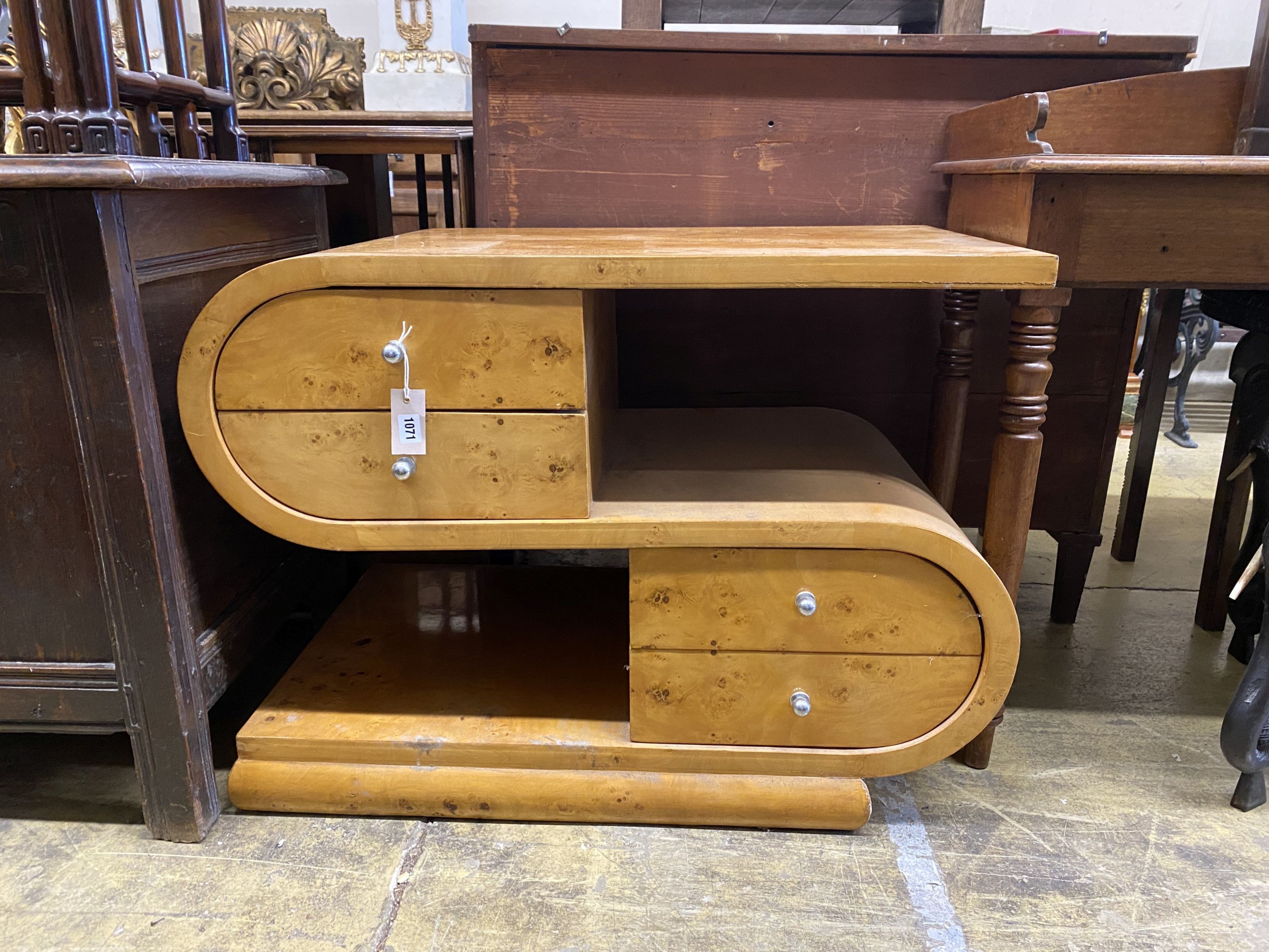 An Art Deco style bird's eye maple 'S' shaped chest, width 92cm, depth 55cm, height 67cm